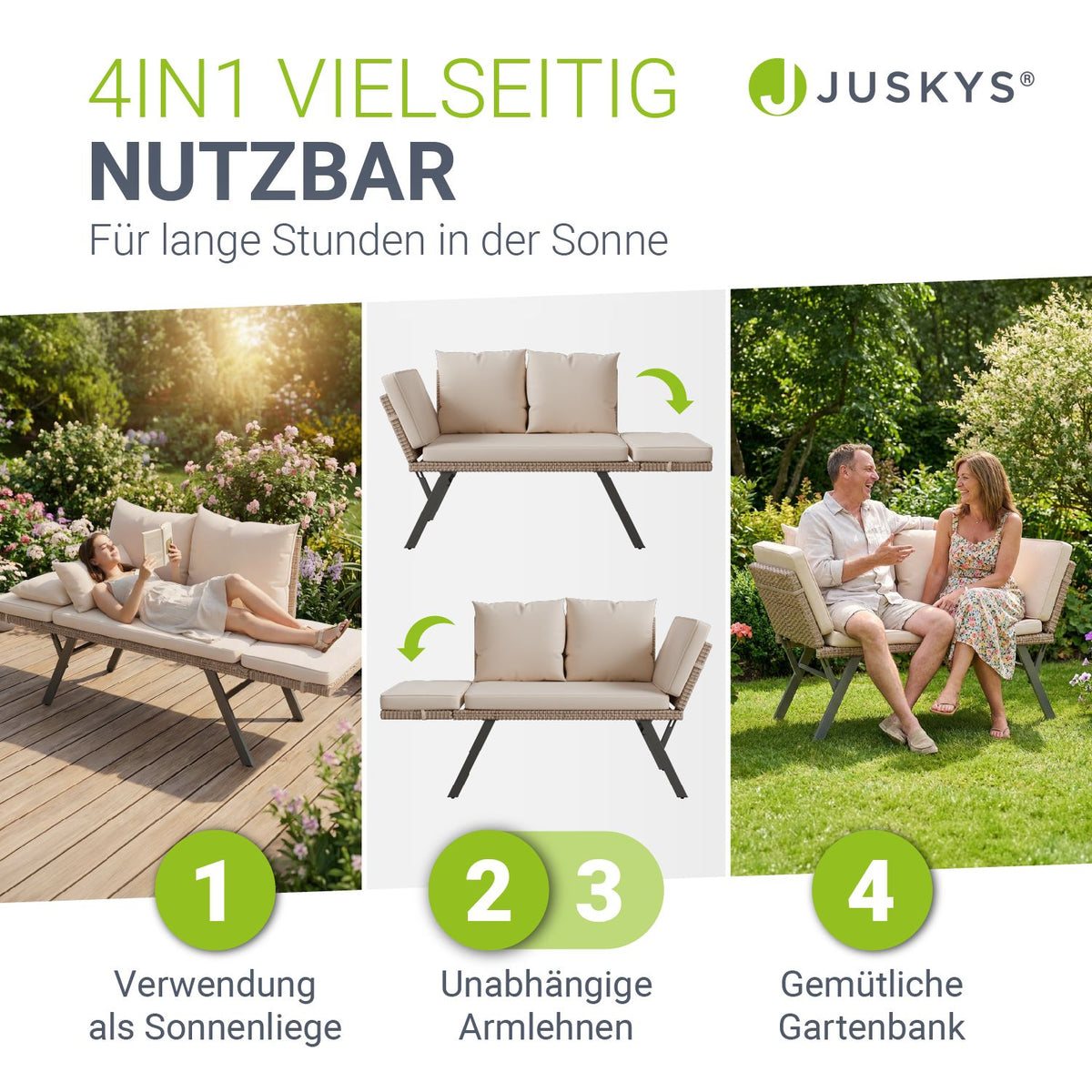 Polyrattan Multifunktionsbank Calvia Schwarz/Grau/Creme