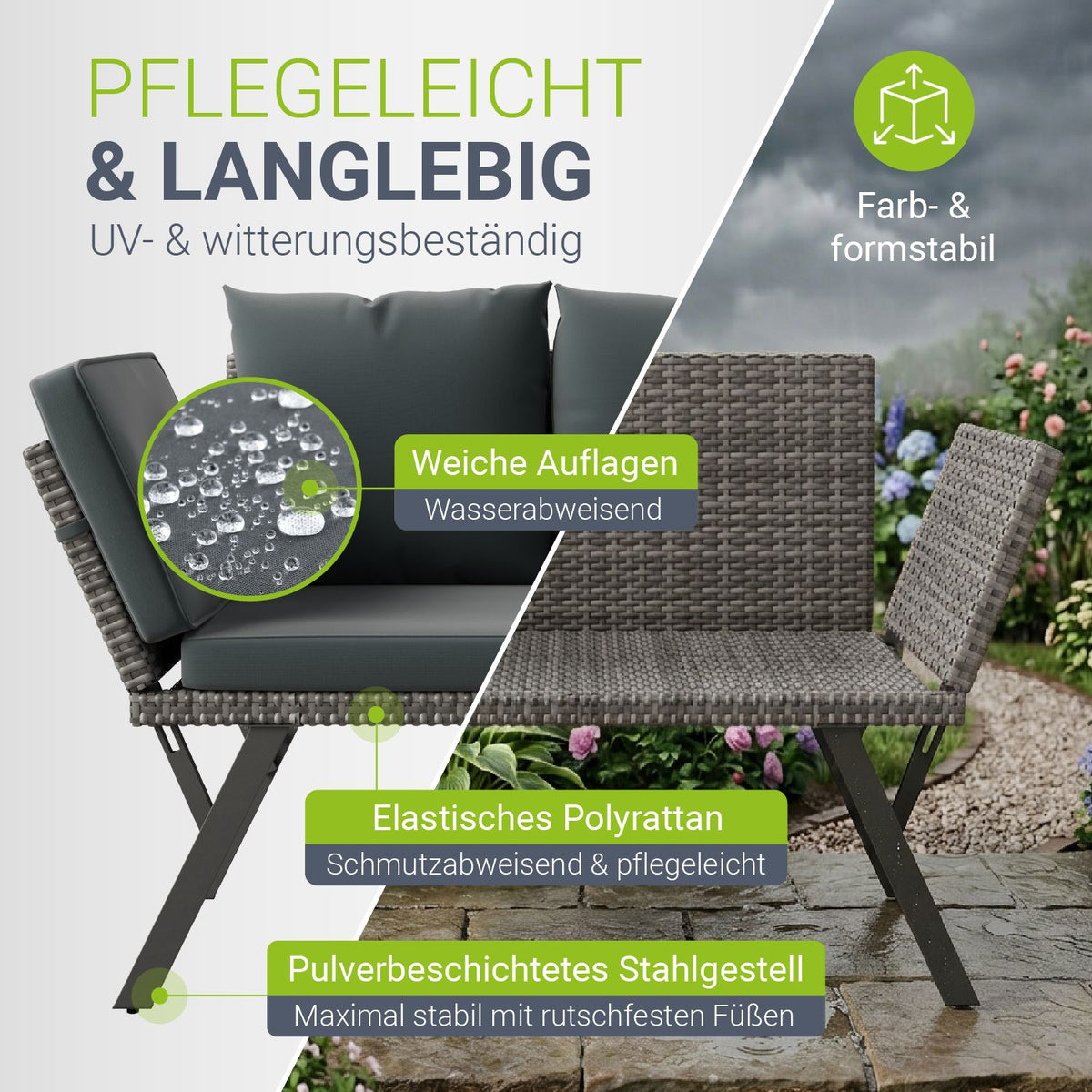 Polyrattan Multifunktionsbank Calvia Schwarz/Grau/Creme