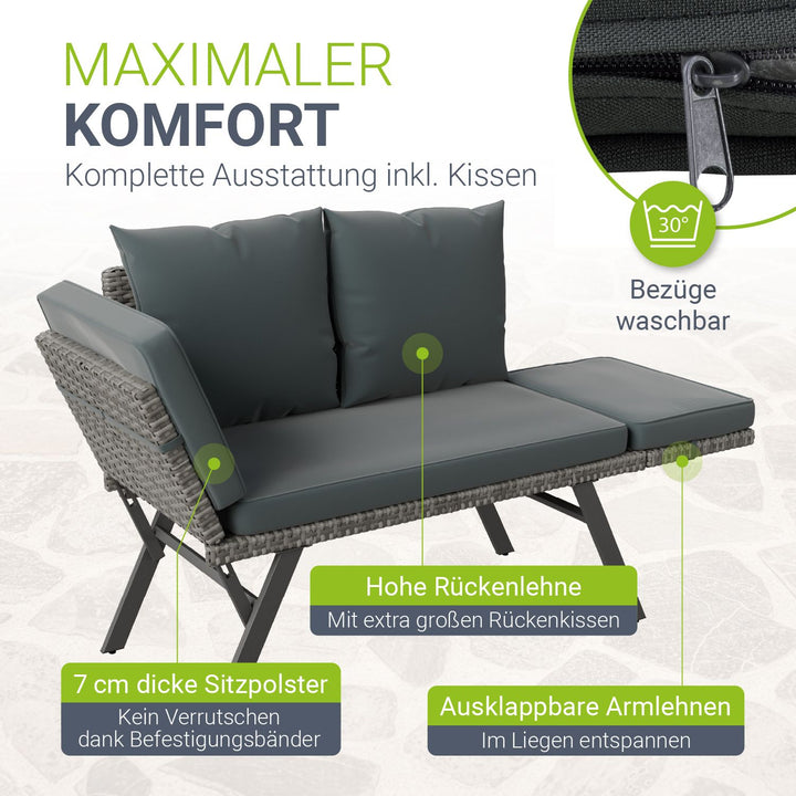 Polyrattan Multifunktionsbank Calvia Schwarz/Grau/Creme