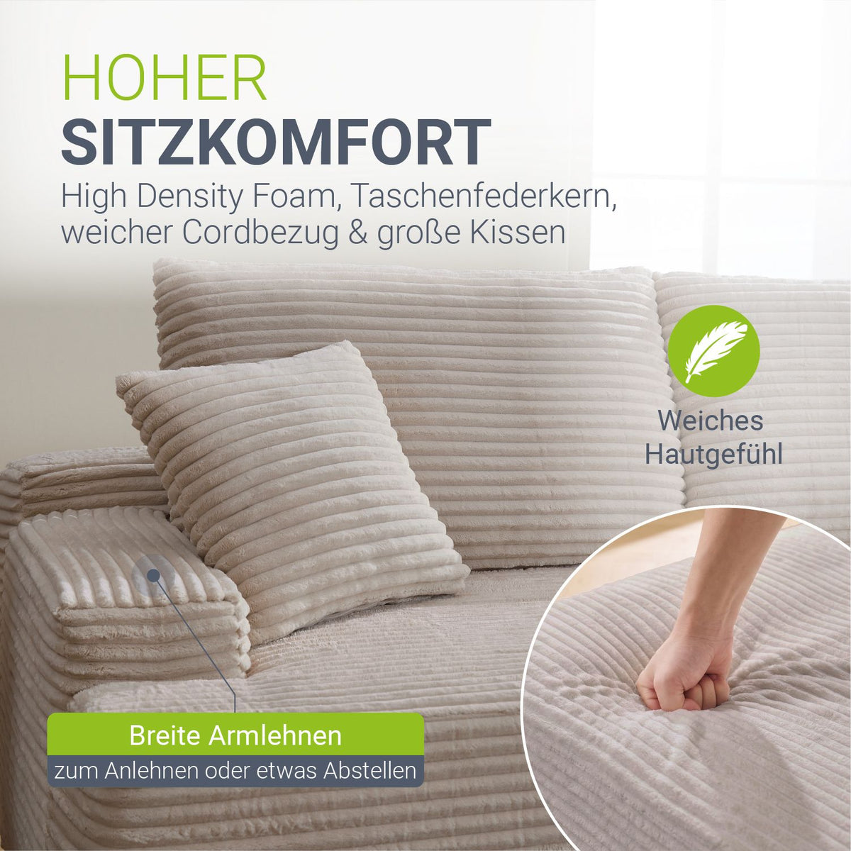 Sofa Coredo mit Cord Bezug & Dekokissen
