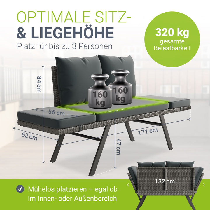 Polyrattan Multifunktionsbank Calvia Schwarz/Grau/Creme