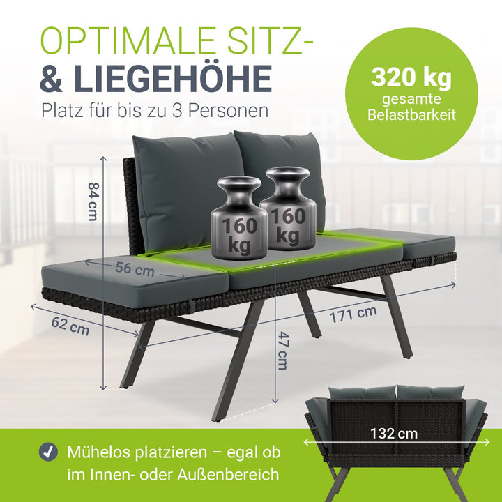 Polyrattan Multifunktionsbank Calvia Schwarz/Grau/Creme